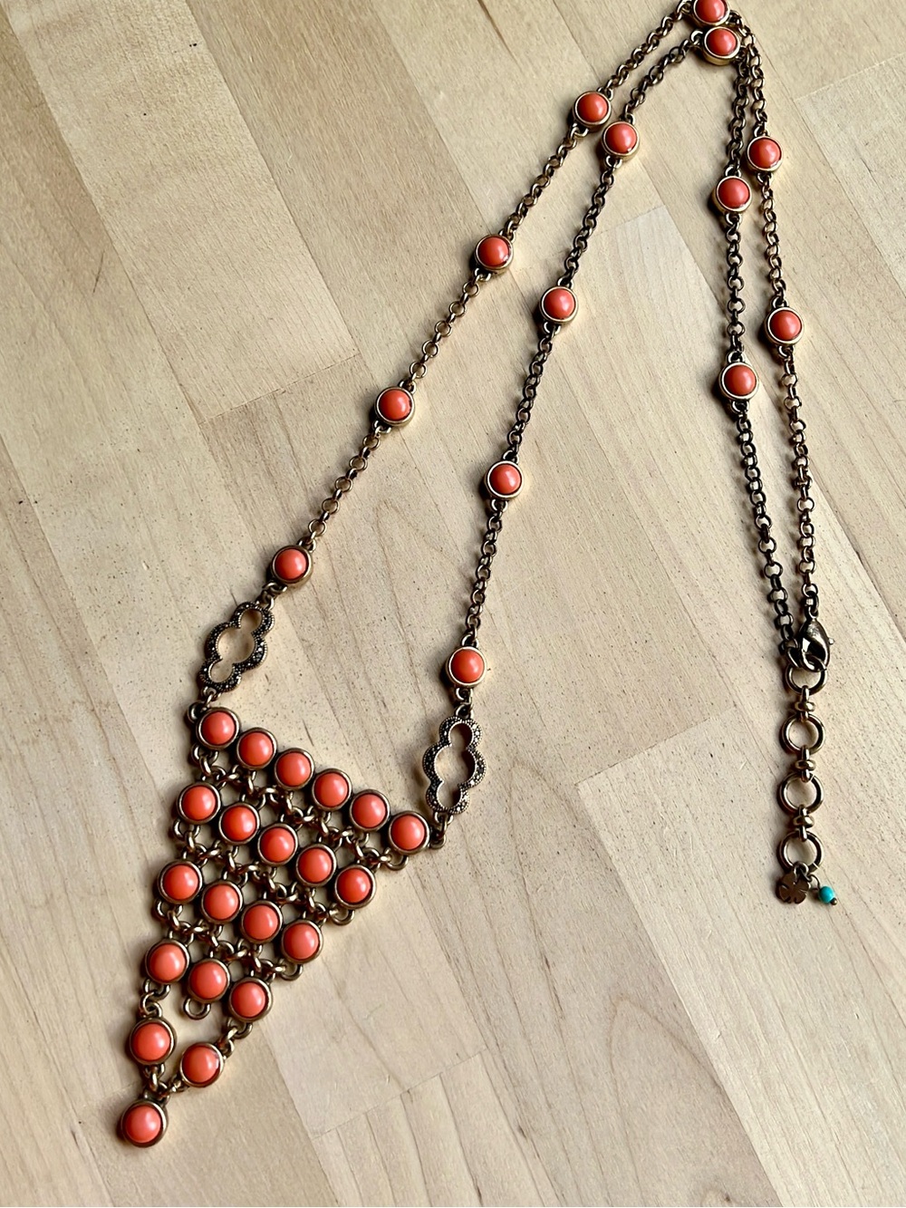 Lucky Brand Orange Beaded Antique Gold tone Chain Statement Geometric Necklace